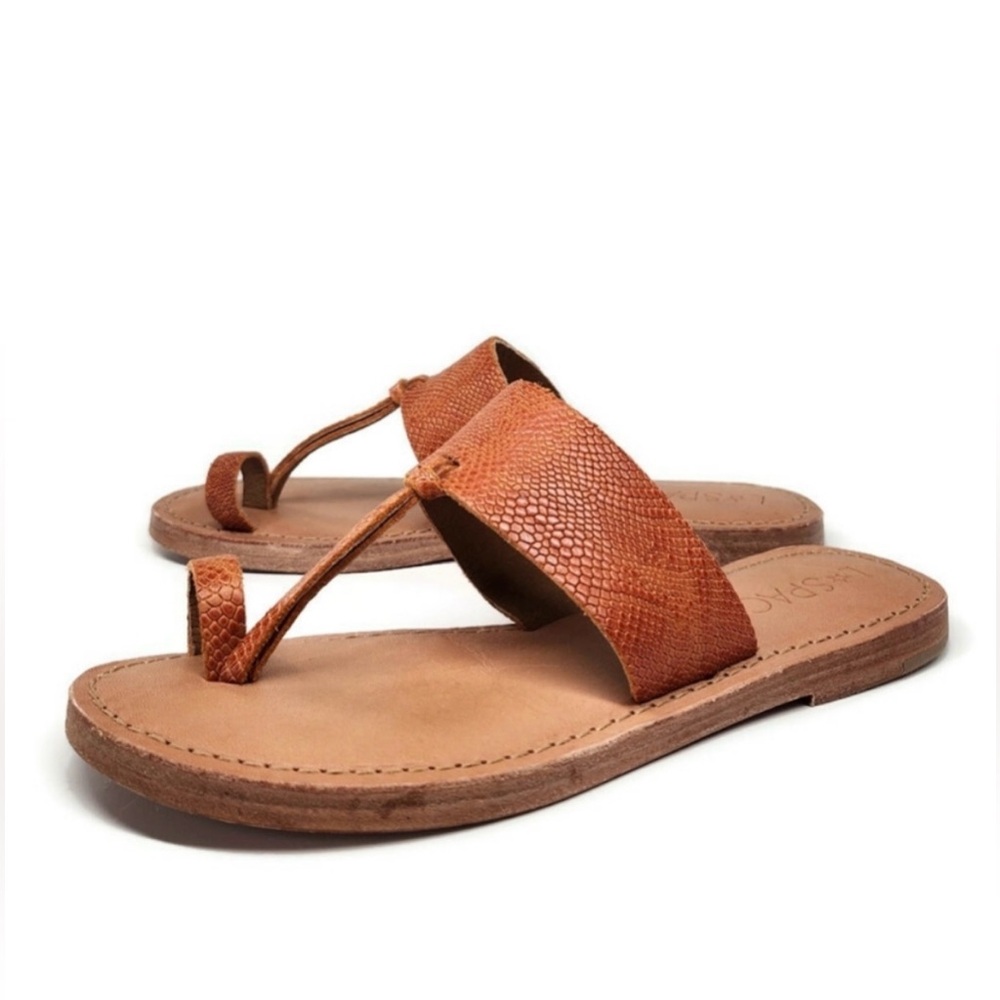 L*Space Miramar Handmade Tan Leather Snake Embossed Toe Post & Loop Sandals